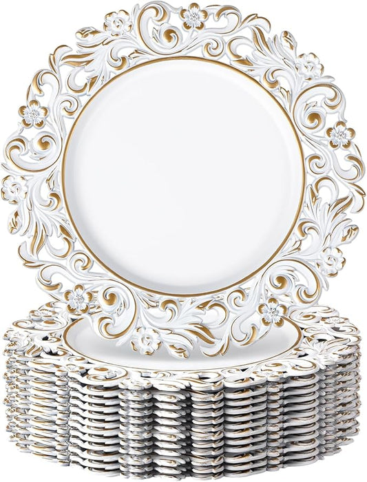 12 Pcs Antique White Charger Plates Bulk 13 Inch Embossed Rim Plastic Round Decorative Plates Charger for Dinner Wedding Party Event Table Setting Decoration (Hollowed out Flowers)