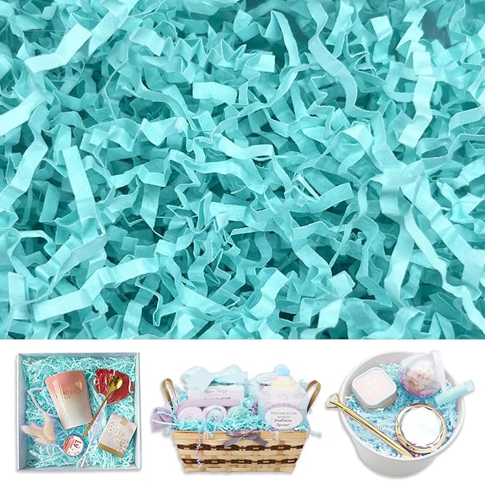 Aqua Cyan Crinkle Cut Paper Shred Filler, 2 LB Basket Filler Shredded Paper, Confetti Stuffing for Basket Filling, Halloween, Thanksgiving, Christmas, Birthdays, Gift Wrapping, Stuffer Party Supplies