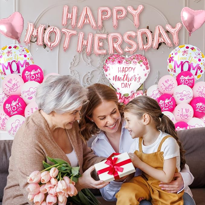 Happy Mothers Day Balloons Kit with Rose Gold Pink Heart and Letter Balloons for Mother's Day Mom Birthday Party Decorations