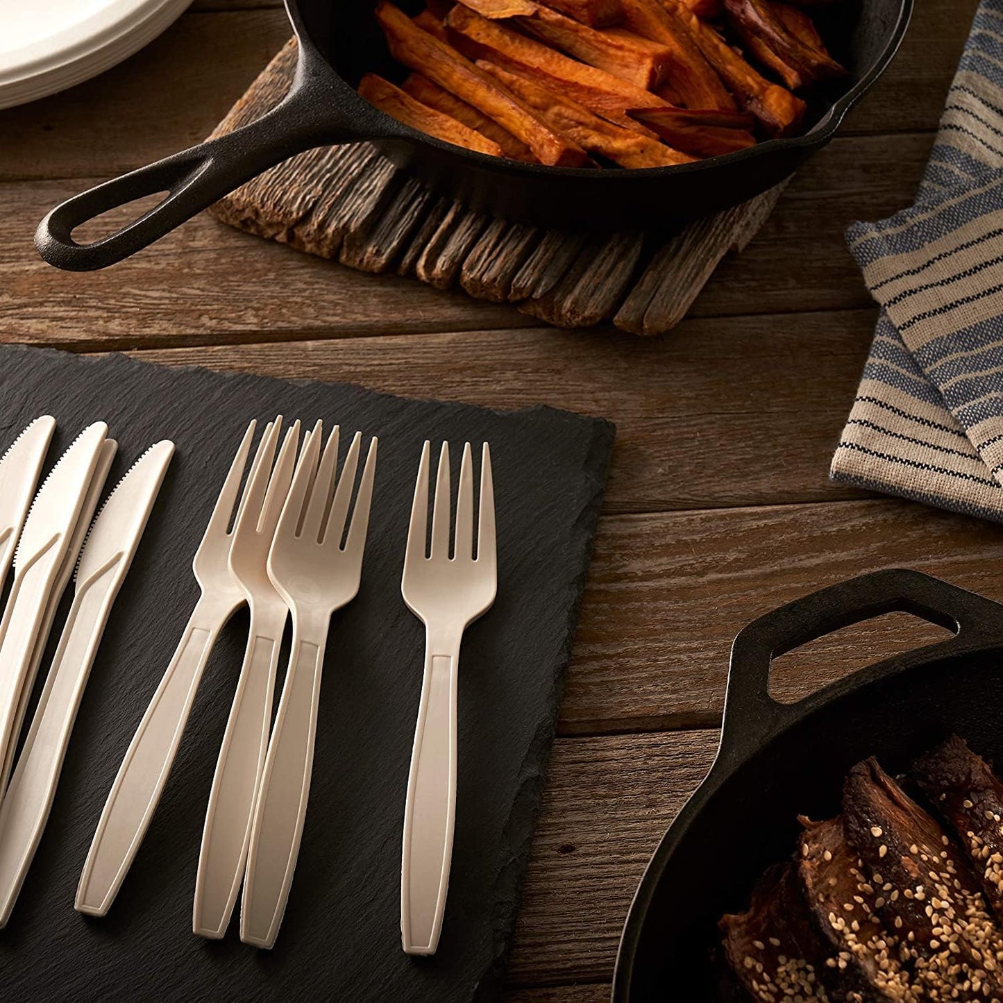 300 Piece (50 Sets) Biodegradable Paper Plates Set (EXTRA LONG UTENSILS), Disposable Dinnerware Set, Eco Friendly Compostable Plates & Utensil include Plates, Cups, Forks, Knives and Spoons