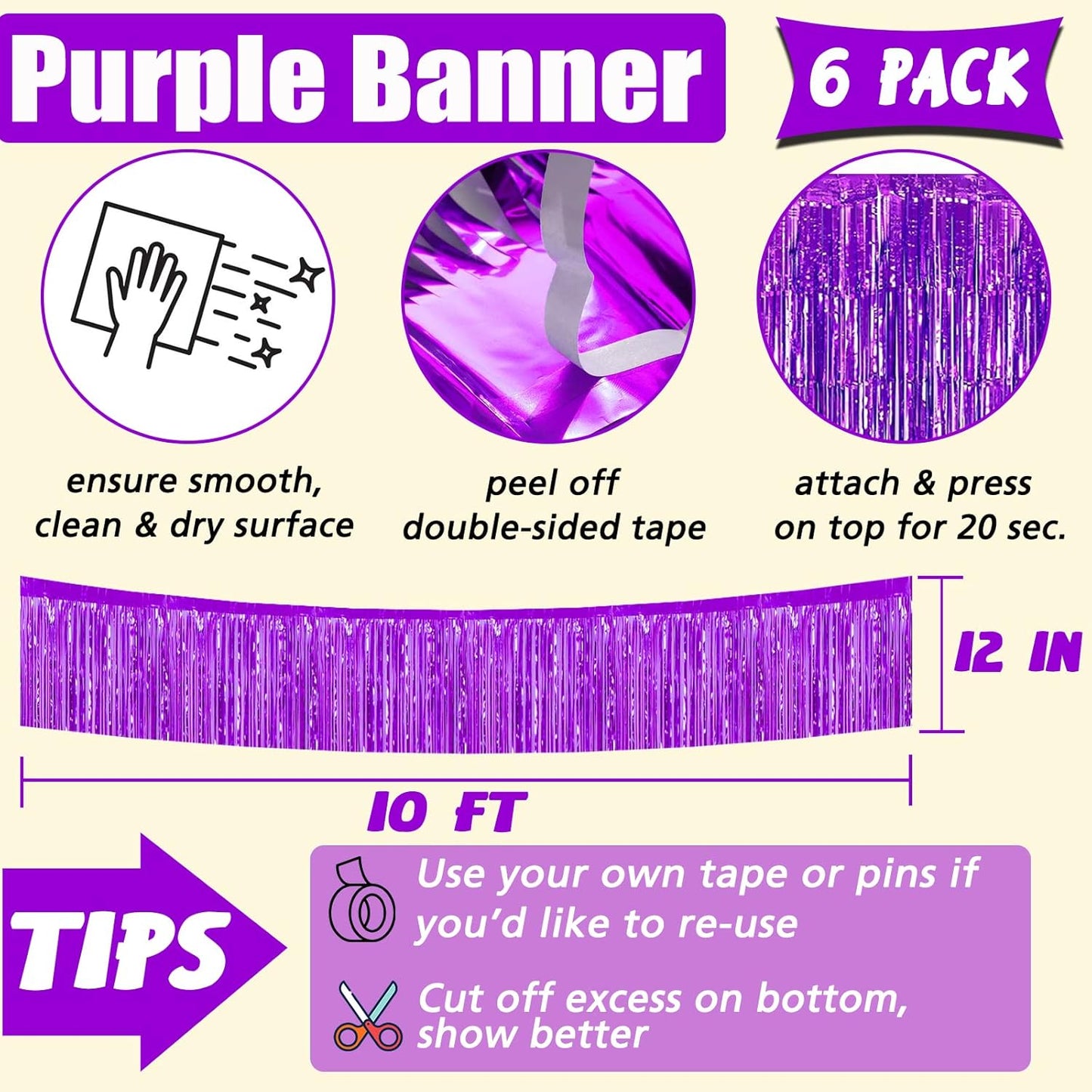 6 Pack 10 Feet Foil Fringe Garland Metallic Tinsel Banner Wall Hanging Curtain Streamers Backdrop for Parade Floats Bachelorette Wedding Birthday Party Thanksgiving Christmas Decorations(Purple)