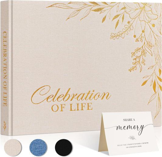 Lanpn Funeral Guest Book for Memorial Service, Linen Cover Celebration of Life Registry Guest Book, Funeral Favors Sign in Books for Guests Memory Book for Funeral with Memory Table Sign, Beige