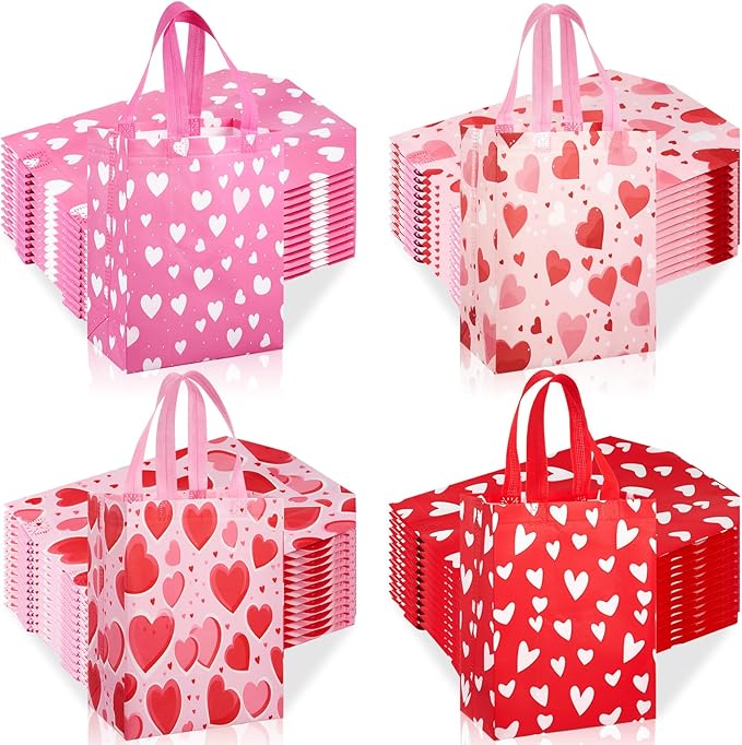 Wesnoy 48 Pcs Valentine's Day Gift Bags Bulk Reusable Medium Non Woven Heart Snack Candy Goodie Treat Tote Bags with Handle for Galentines Event Party Favor Gift Wrap,10 x 8 x 4 Inch