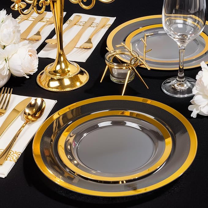 supernal 120pcs Clear and Gold Plastic Plates Disposable Fancy Plates Heavy Duty Gold Plastic Dinneware Include Dinner and Dessert Perfect for Party Wedding and Birthday