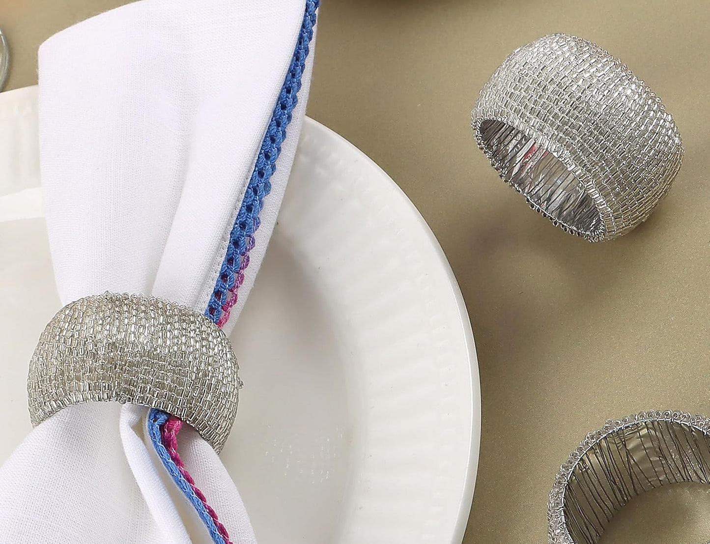 ALPHA Living HOME Beaded Napkin Rings Set of 12- Beaded Napkin Holders for Christmas, Thanksgiving, Holiday Party, Dinner PartyWeddings, Parties, Family Gatherings, and Table Décor - Silver