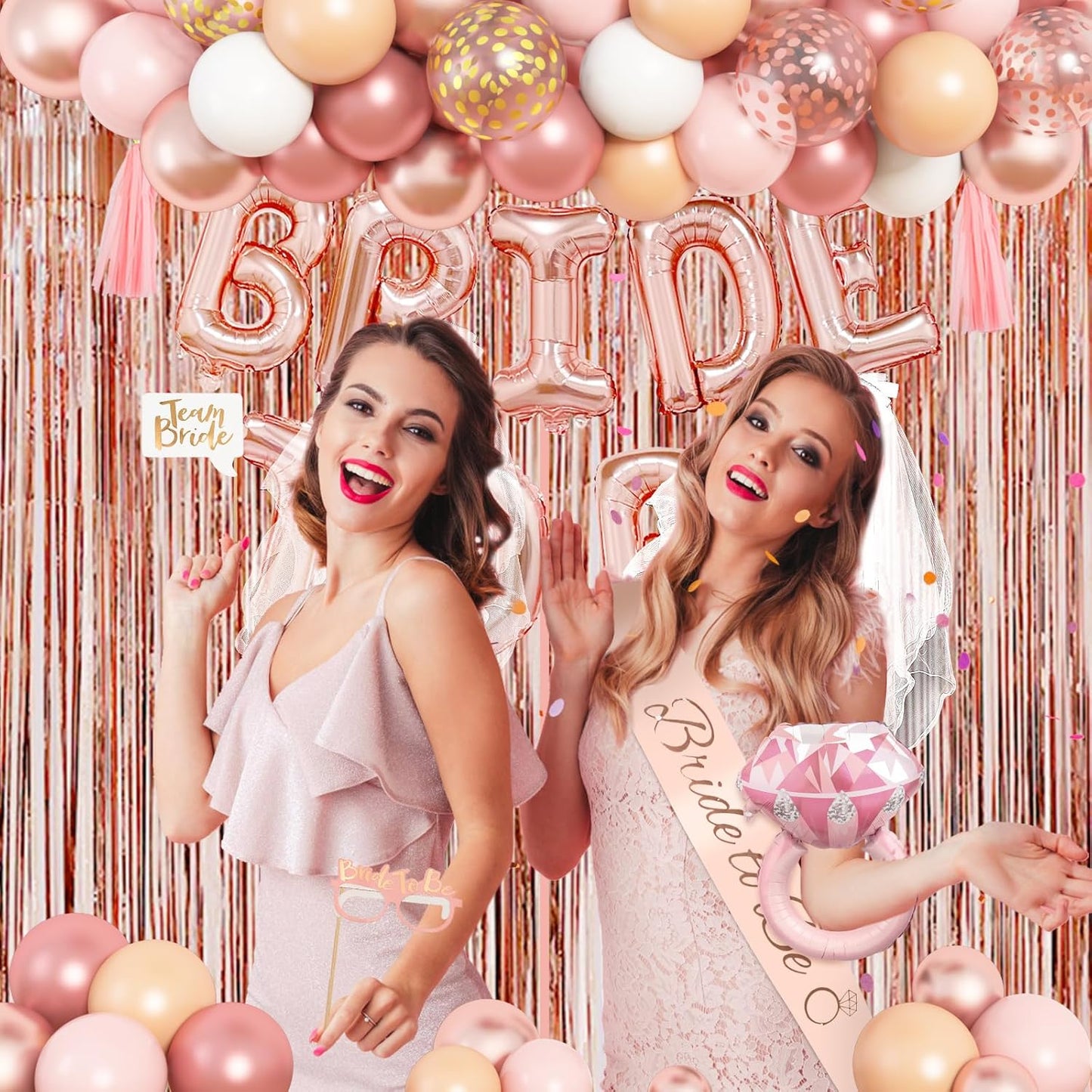 Amandir Bachelorette Party Decorations Supplies, Rose Gold Bridal Shower Decorations Bride To Be Pink White Gold Confetti Foil Heart Balloons, Veil, Photo Booth Props, Fringe Curtains, Paper Tassels