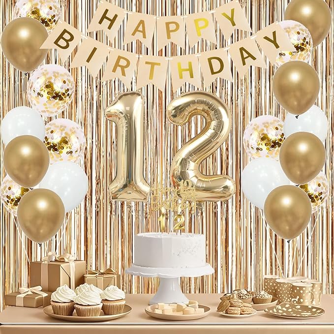 Trgowaul 12th Birthday Decorations for Girls, Banner, Sash and Crown, Cake Topper, 12 Number Balloon, Fringe Curtains, Champagne Gold 12th Birthday Party Supplies