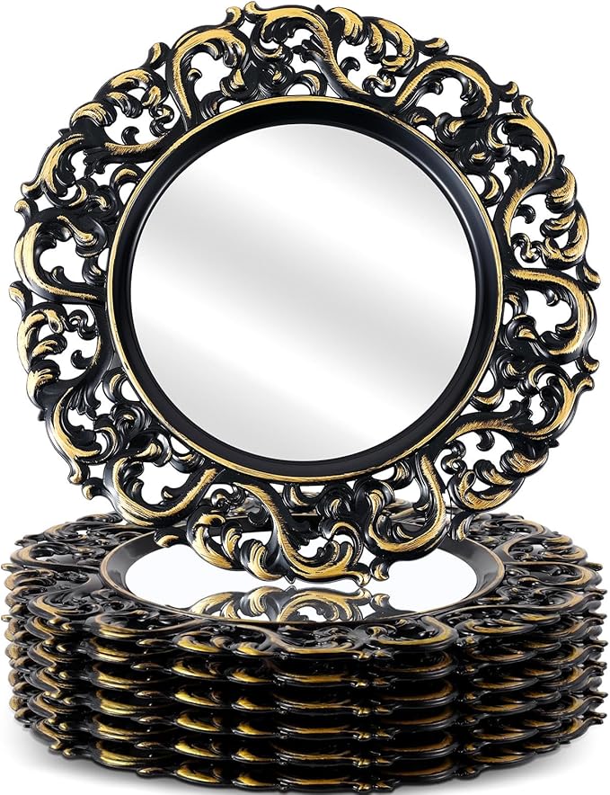 Maxdot 6 Pcs 13" Mirror Charger Plates for Dinner Plates Plastic Round Embossed Edge Dinner Chargers for Table Setting Wedding Party Christmas Holiday Supplies Elegant Tabletop (Black and Gold)