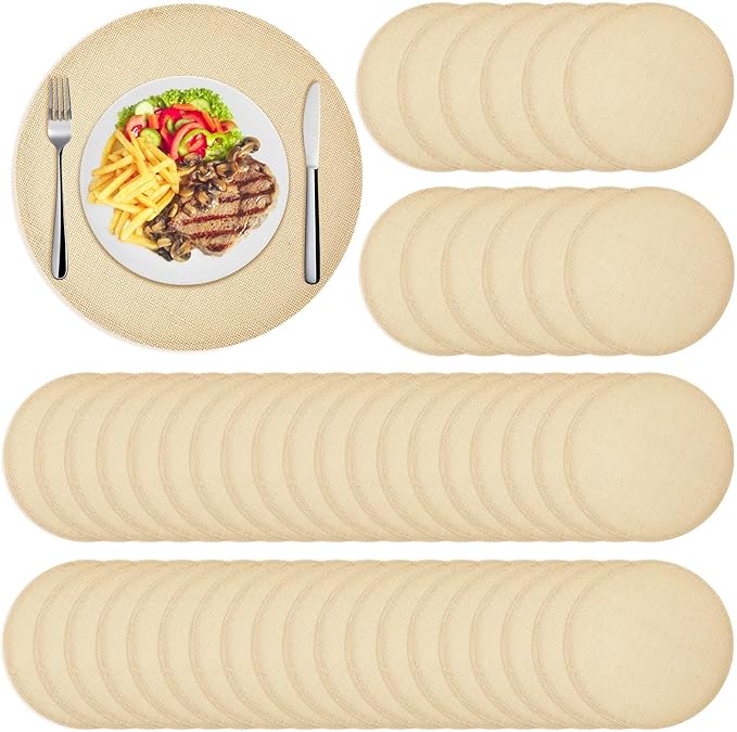 Yunlly Set of 48 Round Burlap Placemats Bulk Burlap Farmhouse Placemats Set Heat Resistant Table Mats Circle Jute Charger Place Mats for Wedding Holiday Dinner Rustic Table Decorations(11.8 in,Beige)