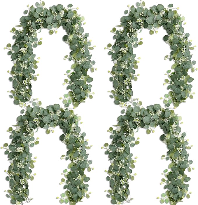 4Pcs Eucalyptus Garland, 5.9FT Greenery Garland, Green Garland with Flowers, Artificial Faux Silver Dollar Eucalyptus Leaves Vines for Table Home Wedding Mantle Party Indoor Outdoor Decor