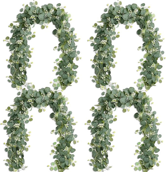 4Pcs Eucalyptus Garland, 5.9FT Greenery Garland, Green Garland with Flowers, Artificial Faux Silver Dollar Eucalyptus Leaves Vines for Table Home Wedding Mantle Party Indoor Outdoor Decor