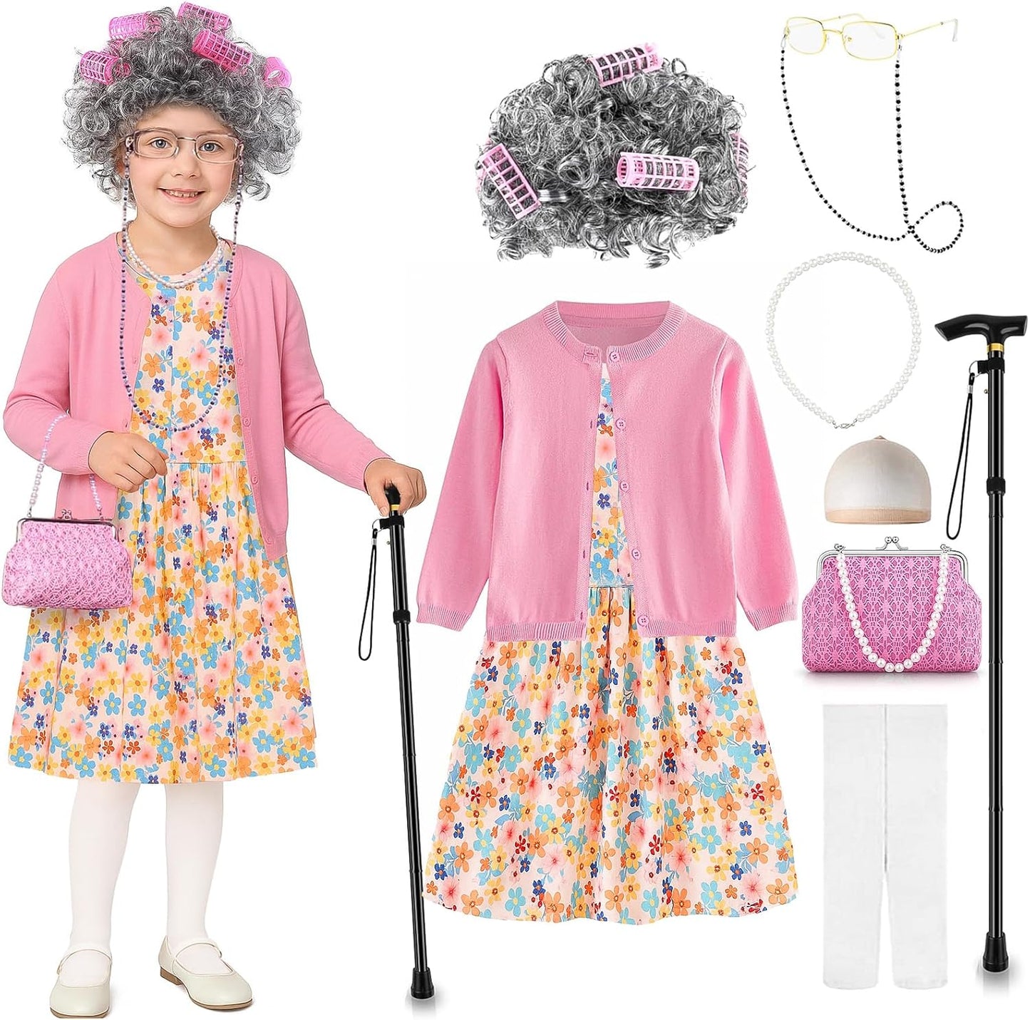 100th Day School Costume for Girls Grandma Dress Up Set with Wig & Accessories