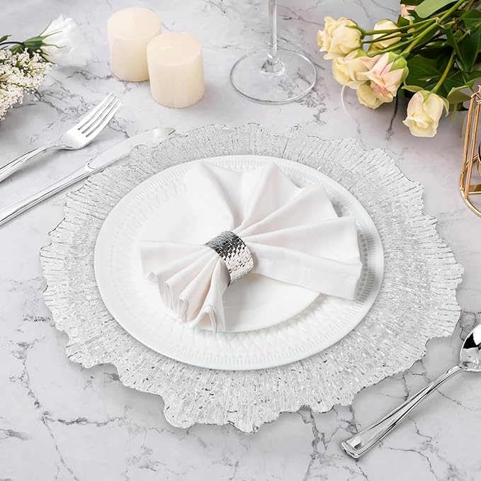 MAONAME 13" Clear Charger Plates, Round Reef Chargers for Dinner Plates, Plastic Plate Chargers for Table Setting, Wedding Decor, Set of 12