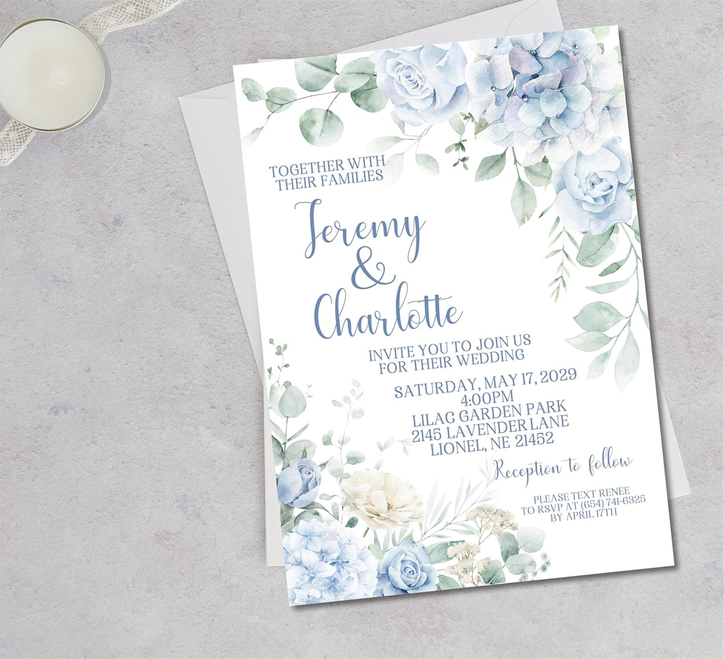Blue Hydrangea Wedding Invitations, Garden Floral, Personalized, Set of 12 Invitations with Envelopes