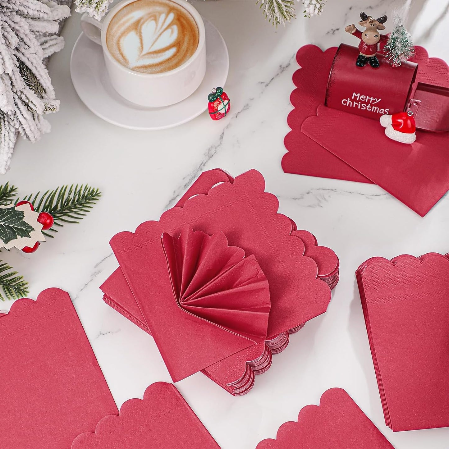 120 Pcs Red Napkins, Scalloped Christmas Napkins Red Cocktail Napkin Beverage Dessert Napkin for Christmas Birthday Wedding Baby Shower, 5 x 5 Inch
