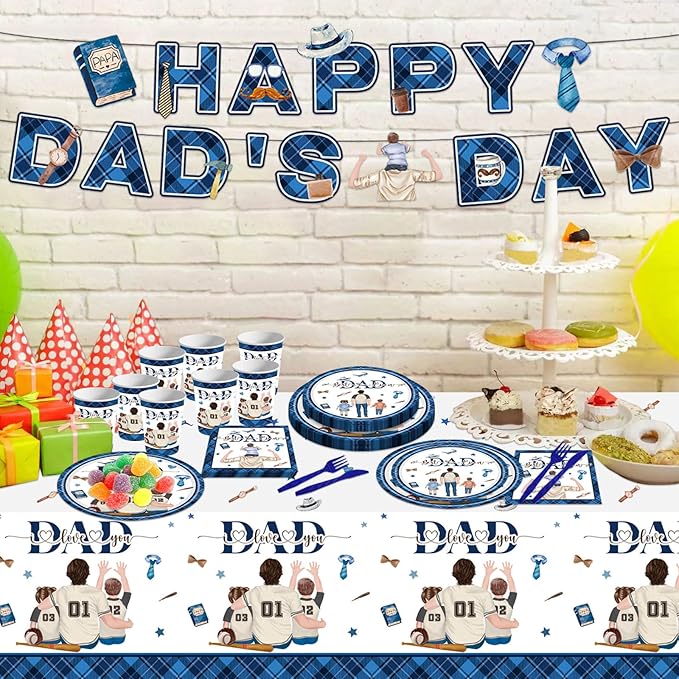 98PCS Happy Father's Day Party Supplies Fathers Day Tableware Set Best Dad Paper Plates Napkins Forks Knives Tablecloth Banner Fathers Day Party Decorations Disposable Dinnerware for 16 Guests