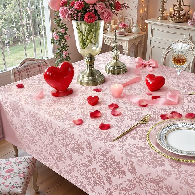 SASTYBALE Pink Table Cloth - 60 x 120 Inch Jacquard Tablecloths Damask Design Spillproof Wrinkle Resistant Valentines Tablecloth Polyester Oblong Table Cover for Wedding Anniversary Party