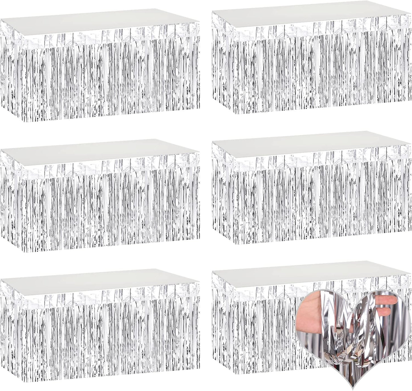 6 Pack 29x108 Inch 2024 New Year Metallic Foil Fringe Table Skirts Banner for Tinsel Streamer Garland Curtains Backdrop for Parade Floats Wedding Baby Shower Birthday Party Decoration Silver