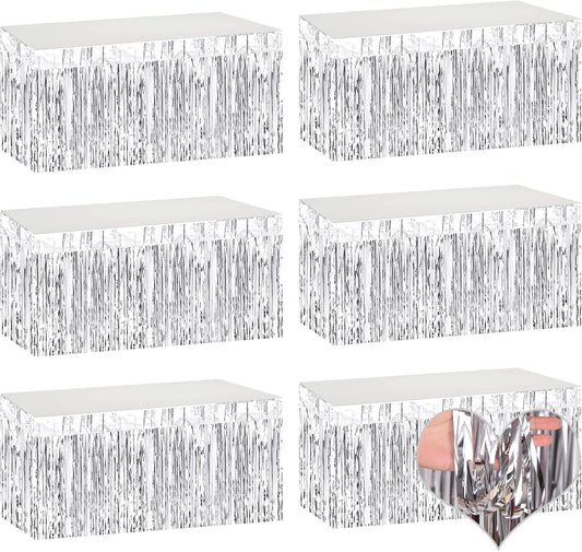 6 Pack 29x108 Inch 2024 New Year Metallic Foil Fringe Table Skirts Banner for Tinsel Streamer Garland Curtains Backdrop for Parade Floats Wedding Baby Shower Birthday Party Decoration Silver