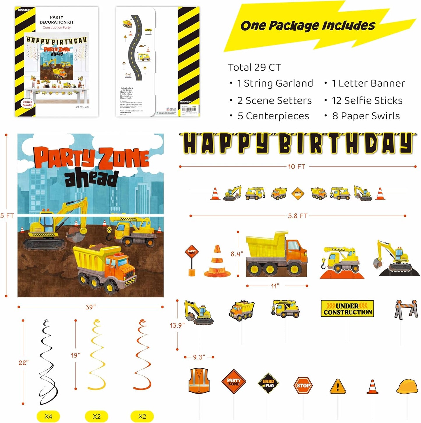 29-Piece Construction Party Decoration Kit – Banners, Scene Setters, Centerpieces and Photo Props with Trucks, Cones and Signs for Birthday Parties, Team Gatherings and Celebrations