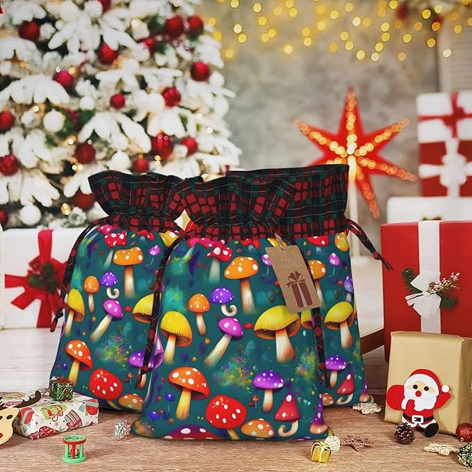 PULaif Bright Mushrooms Arts Christmas Drawstring Gift Bags, Large Size Christmas Bags For Gifts Party Favors, Xmas Gift Bags