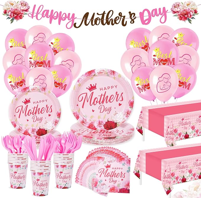 191Pcs Mother's Day Party Decorations Happy Mothers Day Party Supplies Tableware Set Include Paper Plates Napkins Cup Tablecloth Banner Best Mom Balloons Dinnerware for Mother’s Day Serves 24 Guests