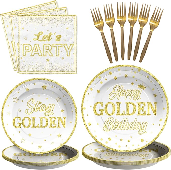 96Pcs Golden Birthday Party Decorations White Gold Plates and Napkins Disposable Stay Golden Paper Tableware Set for Women Men Happy Birthday Party Supplies, Serves 24