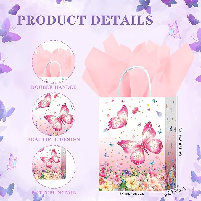 W WINTMING 16 Pcs Butterfly Gift Bags Butterfly Party Favor Bags with Tissue Paper Pink Purple Paper Goodie Bag Birthday Bag for for Wedding, Birthday, Party Supplies and Gift (Flower)