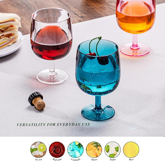 12oz Colorful Stemmed Wines Cups (Set of 8), Shatter-Proof Acrylic Bar Glasses, BPA-Free, Dishwasher-Safe