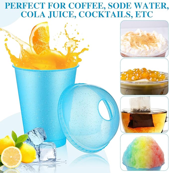 6 Set Slushie Cups with Dome Lids and Straws Detachable Spoon Straws Reusable Plastic Iced Coffee Cups Smoothie Tumbler for Birthdays Summer Party Supplies(Pastel Blue,16 oz)