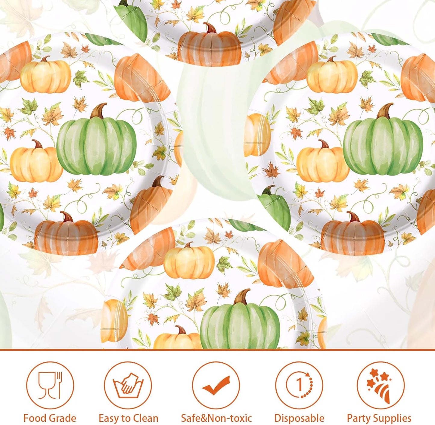 Grencian 50Pcs Fall Pumpkins Paper Plates - 9" Autumn Orange Green Watercolor Pumpkin Paper Plates Fall Leaves Platters Disposable Tableware for Autumn Harvest Thanksgiving Birthday Party Decorations
