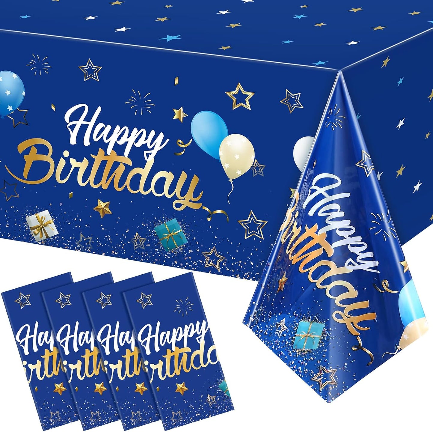 Tegeme Navy Blue Party Supplies Stars Happy Birthday Tablecloths Starry Confetti Table Covers for Kids Boys Girls Baby Shower Birthday Party Decorations(Navy Blue and Gold,4 Pack)
