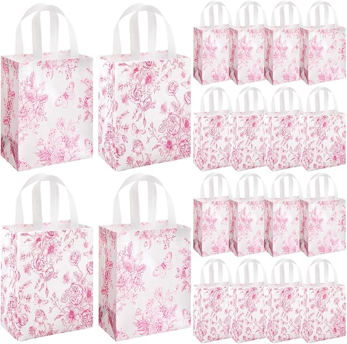 Wovnet 30 Pcs Pink Floral Gift Bags Bulk Reusable Non Woven Vintage Floral Tote Treat Goodie Candy Bags with Handles Spring Flowers Party Favors Pouch for Bridal Shower Wedding 10 x 8 x 4 Inch