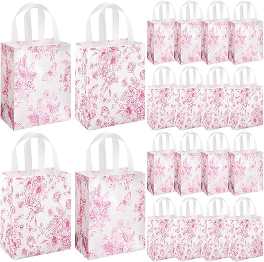 Wovnet 30 Pcs Pink Floral Gift Bags Bulk Reusable Non Woven Vintage Floral Tote Treat Goodie Candy Bags with Handles Spring Flowers Party Favors Pouch for Bridal Shower Wedding 10 x 8 x 4 Inch