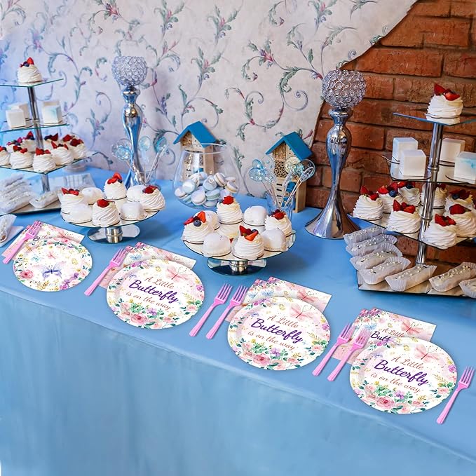 96Pcs Butterfly Baby Shower Party Supplies A Little Butterfly is On The Way Paper Plates Napkins Baby Girl Party Decorations Pink Floral Princess Girl Dinnerware Favor Tableware Serves 24