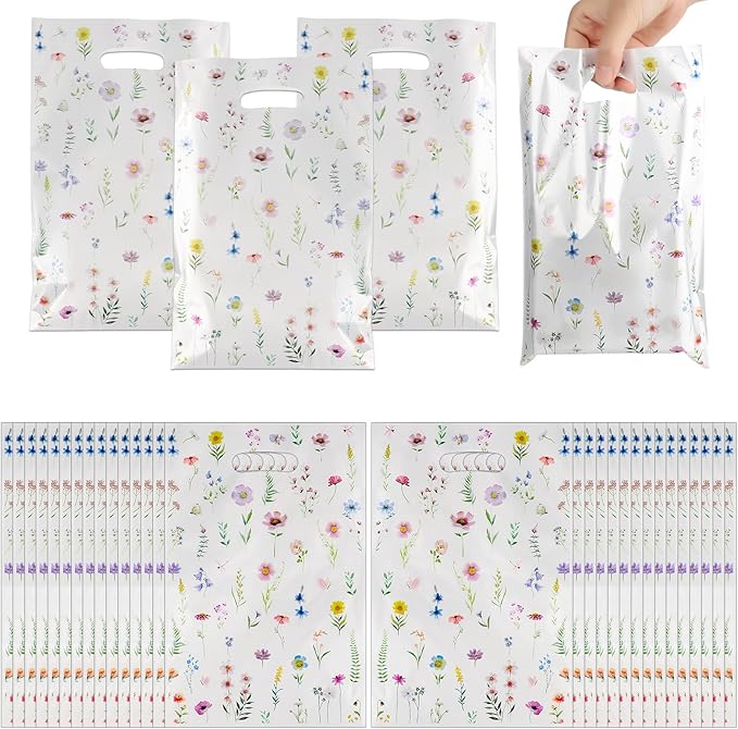 ARPOVIST 100 Pcs Small Wildflower Gift Bags,9.8" x 6.5" Floral Plastic Goody Bags with Handles for Baby Shower, Birthday, Wedding, Spring & Summer Party Favors, Candy Treat Bags Bulk