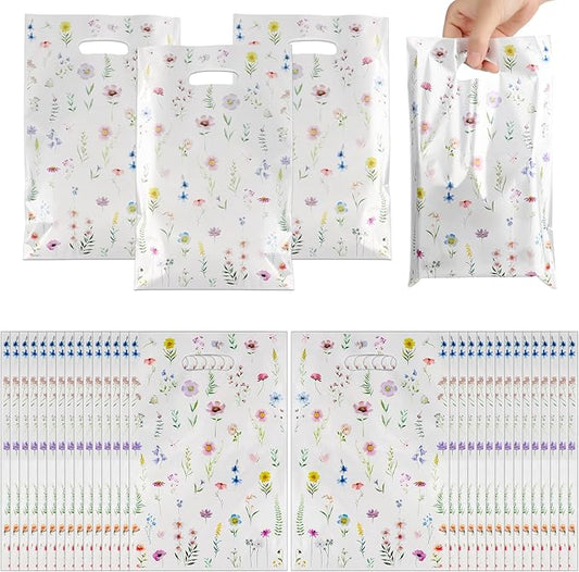 ARPOVIST 100 Pcs Small Wildflower Gift Bags,9.8" x 6.5" Floral Plastic Goody Bags with Handles for Baby Shower, Birthday, Wedding, Spring & Summer Party Favors, Candy Treat Bags Bulk