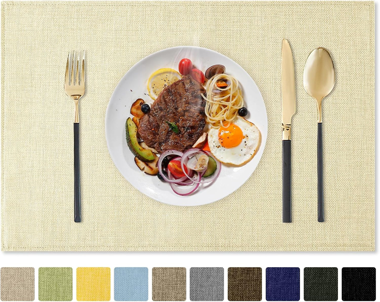 Romanstile Cloth Placemats Set of 8-12 x 18 Inch, Heat Resistant Double Layered Thickened Burlap Place Mats, Washable Linen Farmhouse Table Mats for Kitchen/Dining/Party/Outdoor, Cream