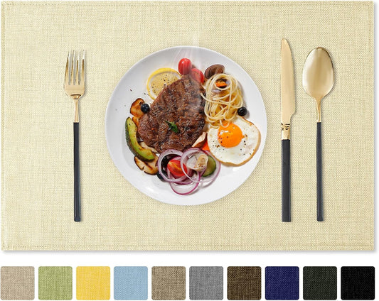Romanstile Cloth Placemats Set of 4-12 x 18 Inch, Heat Resistant Double Layered Thickened Burlap Place Mats, Washable Linen Farmhouse Table Mats for Kitchen/Dining/Party/Outdoor, Cream