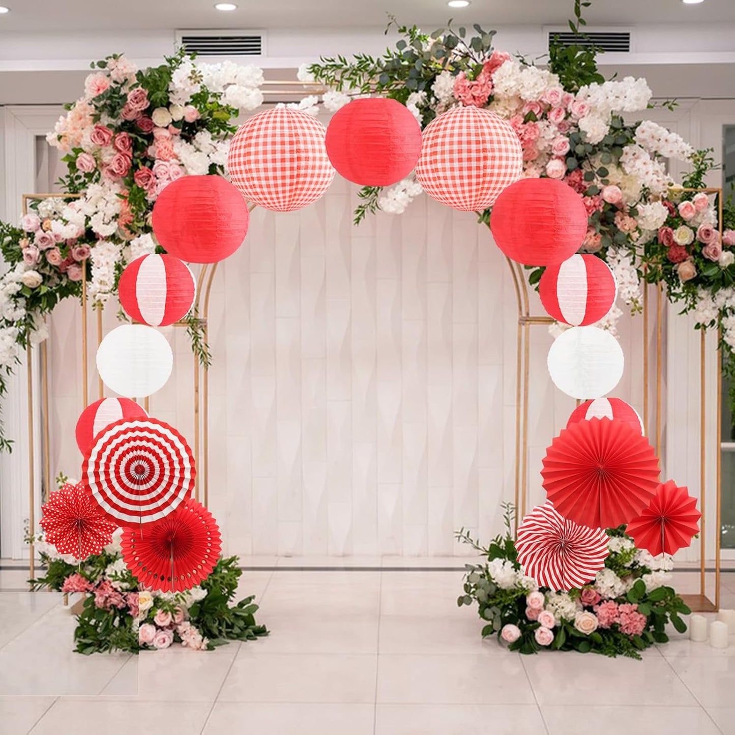 16 Pcs Picnic Party Decorations, Red and White Paper Lanterns & Hanging Paper Fans, Red Gingham Party Supplies for Picnic Carnival I Do BBQ Pizza Hot Dog,Italian Party Decor