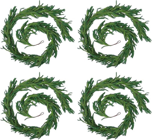Hananona 4 Pcs 9 Ft Artificial Norfolk Pine Garlands, Realistic Pine Garland, Green Artificial Greenery Garland for Table, Mantle, Wall, Indoor, Outdoor Winter Christmas Decorations (4, 9 FT)