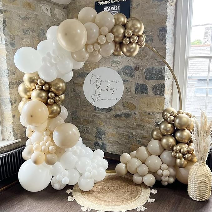 White Sand Gold Balloon Garland Arch Kit, 162PCS Neutral White Sand Chrome Gold and White Balloons for Baptism First Communion Boho Wedding Baby Shower Birthday Party Decorations