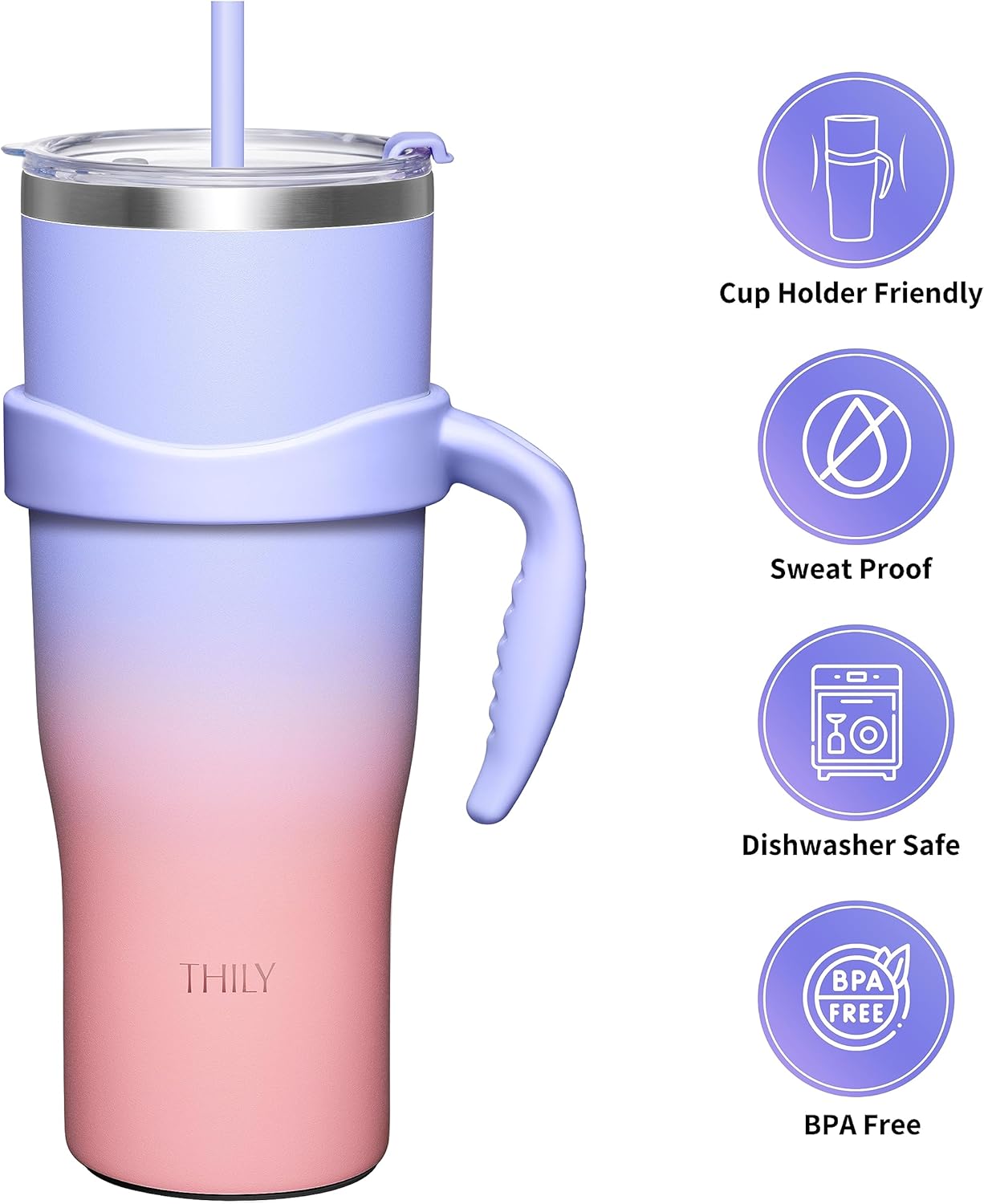 THILY 40 oz Insulated Tumbler with Handle - Stainless Steel Coffee Travel Mug with Lid and Straws, Keep Drinks Cold for 34 Hours or Hot for 12 Hours, BPA Free, Lavender Dream