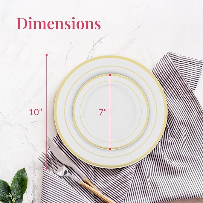 Prestee 50-Piece Disposable Plates Set - White with Gold Rimmed Plastic Plate for Parties, Holidays, Weddings - Includes 25 Dinner Plates and 25 Small Salad Platter - Ideal Thanksgiving Plate