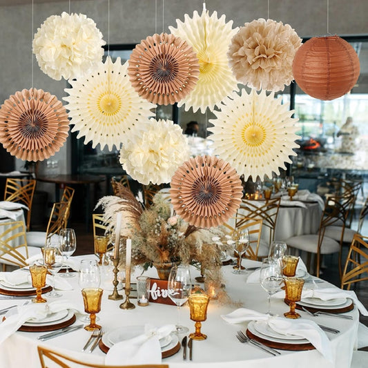 SUNBEAUTY 10 Pcs Brown Party Decorations Rustic Paper Natural Birthday Party Decorations Hanging Lanterns Tissue Paper Pom Poms Cream Folding Fans Kit for Girl Women
