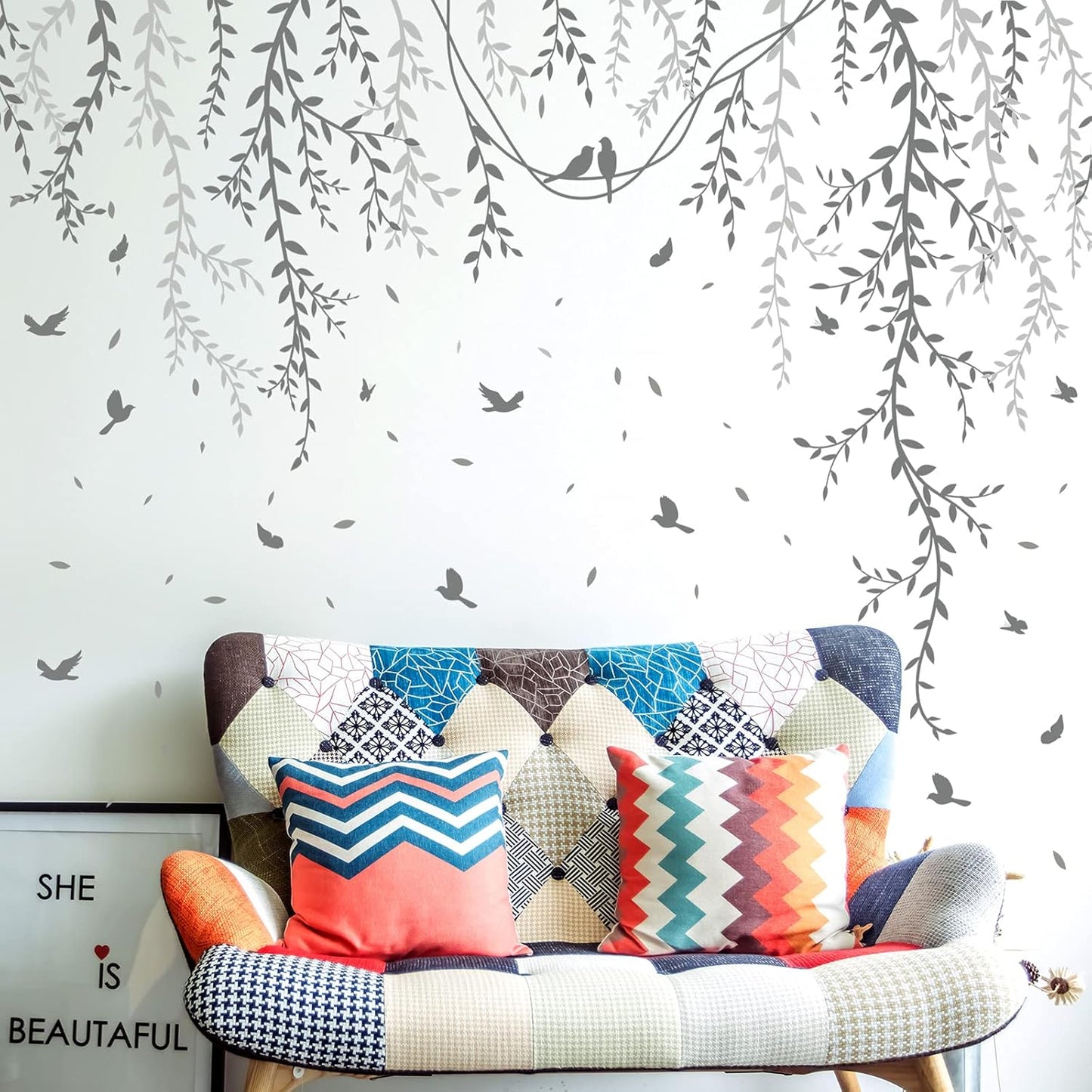 Hanging Willow Branch Wall Stickers DIY Grey Vine Leaf Plant Wall Decals Peel and Stick Grass Birds Butterfly Art Mural Decortions for Kids Baby Girls Nursery Bedroom Living Room Offices Classroom