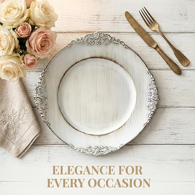 Antique White Charger Plates, 13 Inch Embossed Chargers for Dinner Plates. Set of 6 Plastic Charger for Wedding, Party,Elegant Tableware Chargers Decoration.