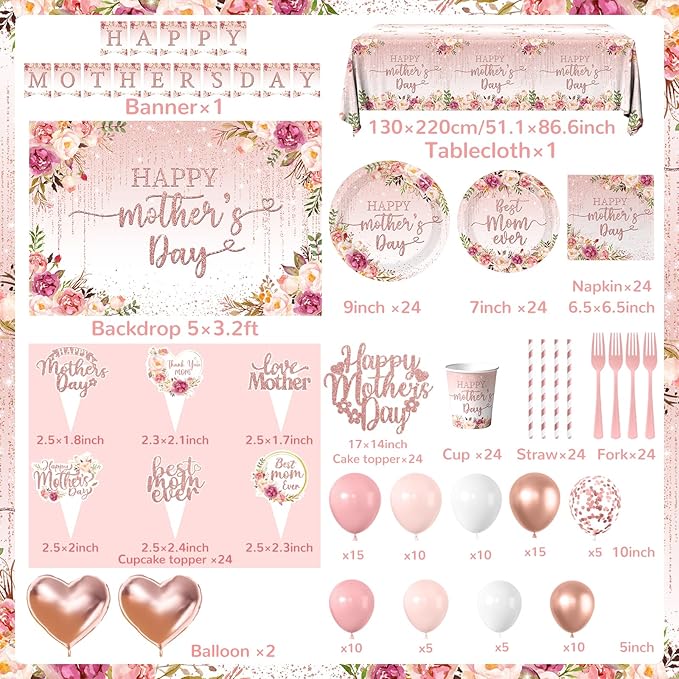 264Pcs Happy Mother's Day Party Supplies Tableware Set Pink Mother's Day Paper Plates and Napkins Best Mom Ever Paper Plates Napkins Forks Balloons Tablecloth Banner for Mother’s Day Serves 24 Guests