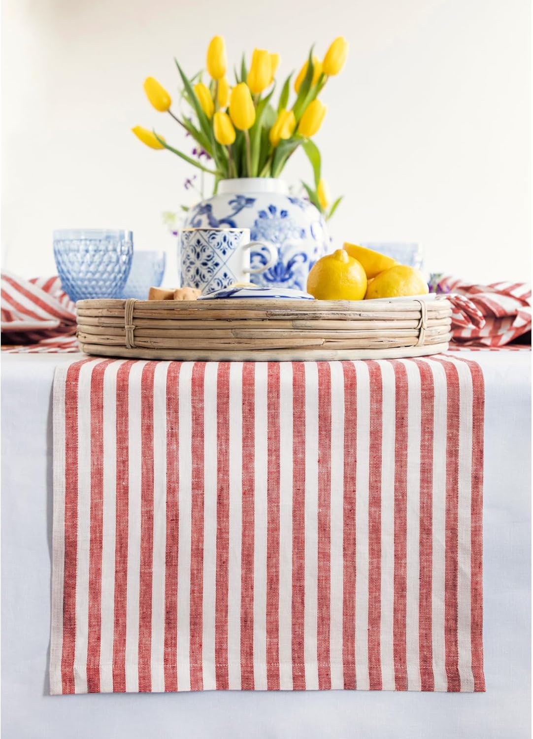 Solino Home Striped Linen Table Runner 132 Inches Long - Amalfi Stripe 100% Pure Linen Red and White Dining Table Runner 14 x 132 Inch