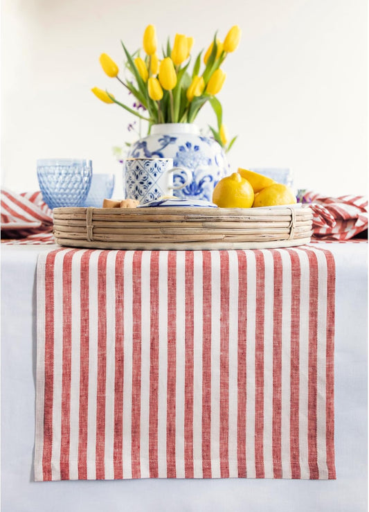 Solino Home Linen Table Runner 48 Inches - Amalfi Stripe 100% Pure Linen Red and White Farmhouse Table Runner 14 x 48 Inch Ideal for Dresser and Coffee Tables - Christmas